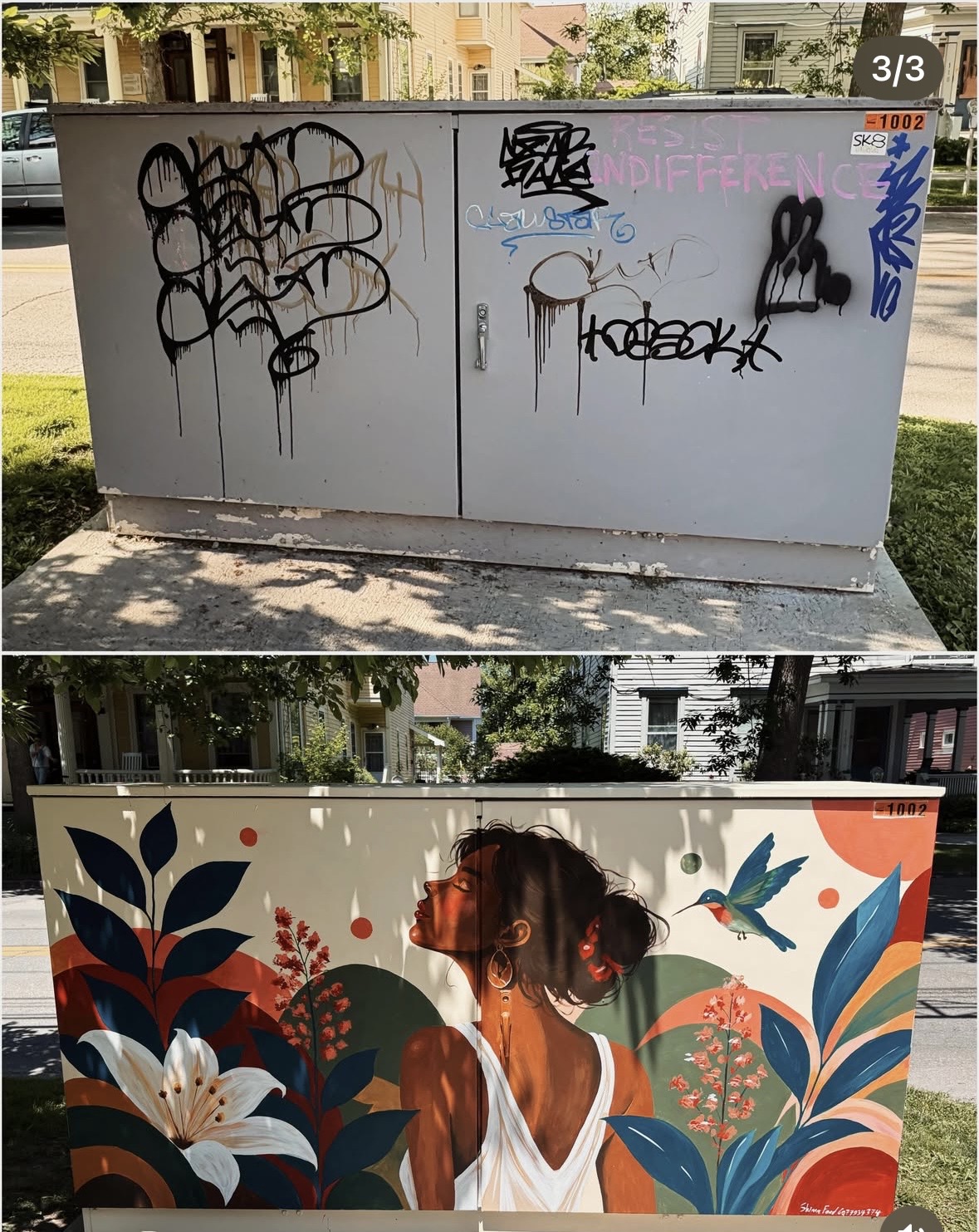 Before and after views of a painted utility box in Ithaca